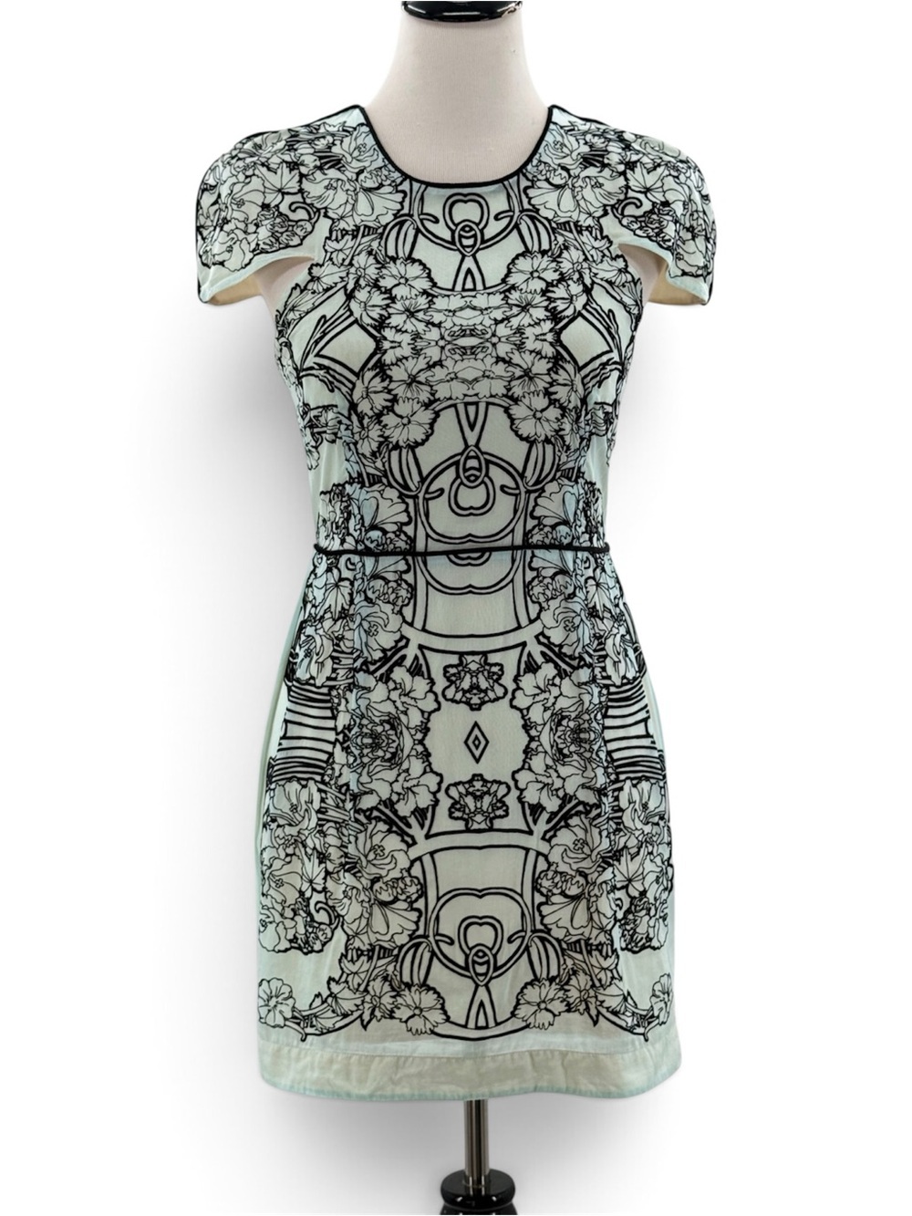 Alice McCall Silk Cotton Floral Flocked Mini Dress US 4 AU 8 Mint Black Sheath